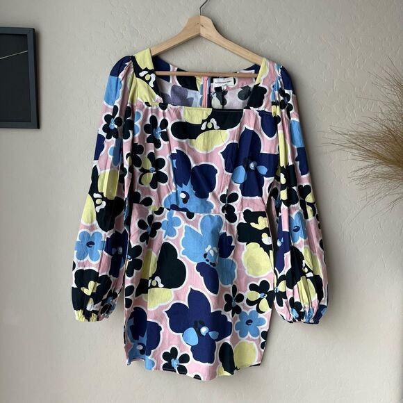 NEW Alexandra Miro Floral Print Long Sleeve Square Neck Cotton Mini Dress XS - Picture 2 of 9